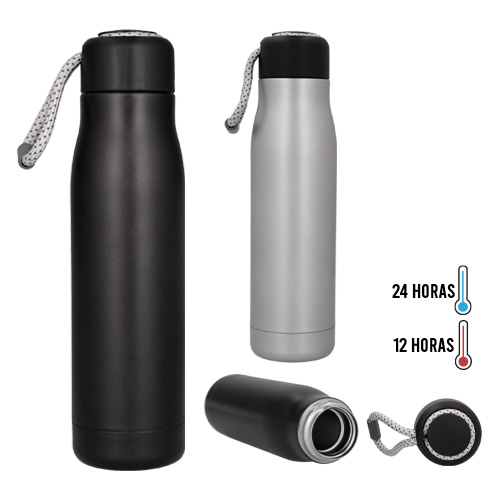 Termo con doble pared de acero inoxidable, con tapa enroscable plástica y correa de poliéster. NEGRO