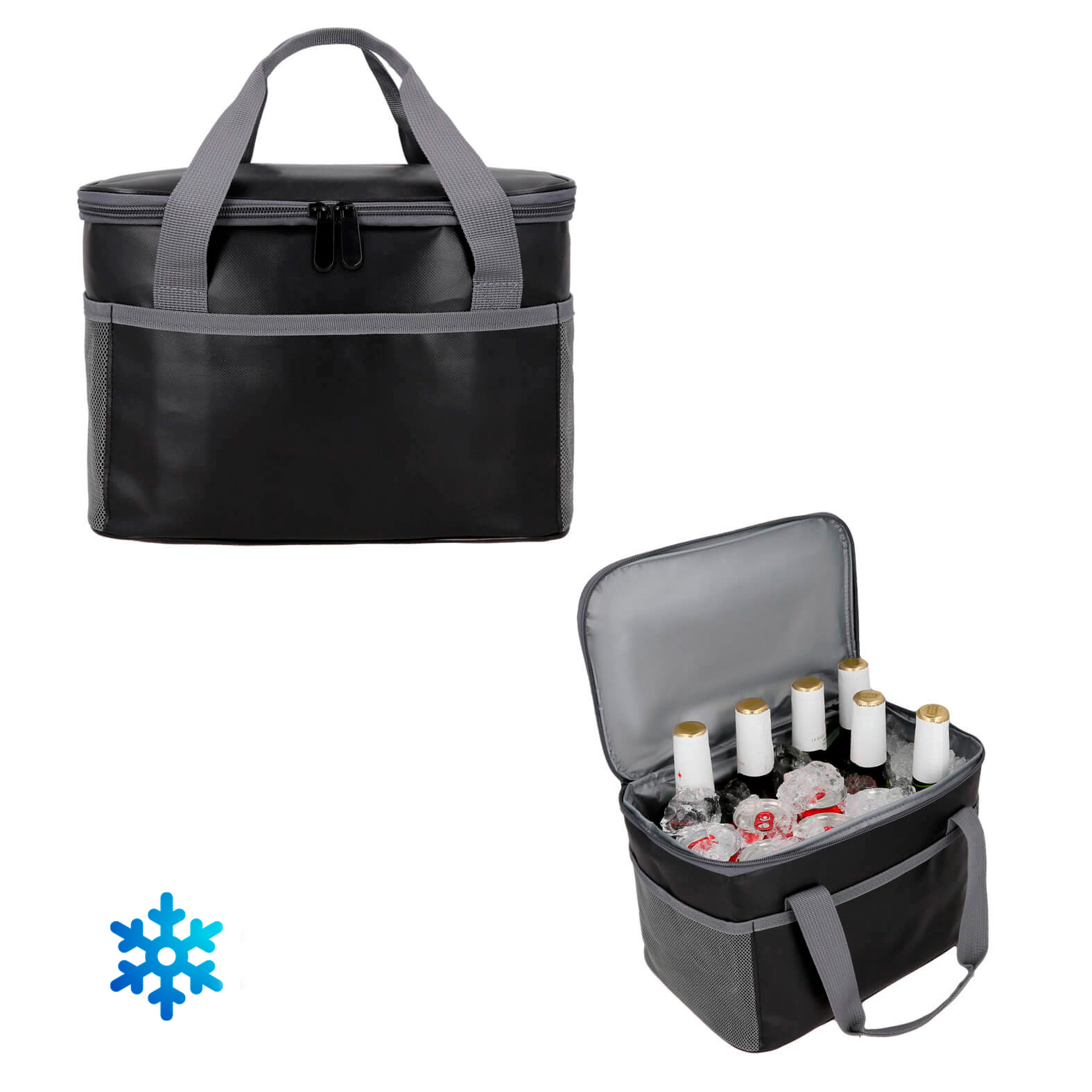 Hielera con interior impermeable, doble cierre, 1 bolsa frontal, 2 mallas laterales y doble asa. NEGRO