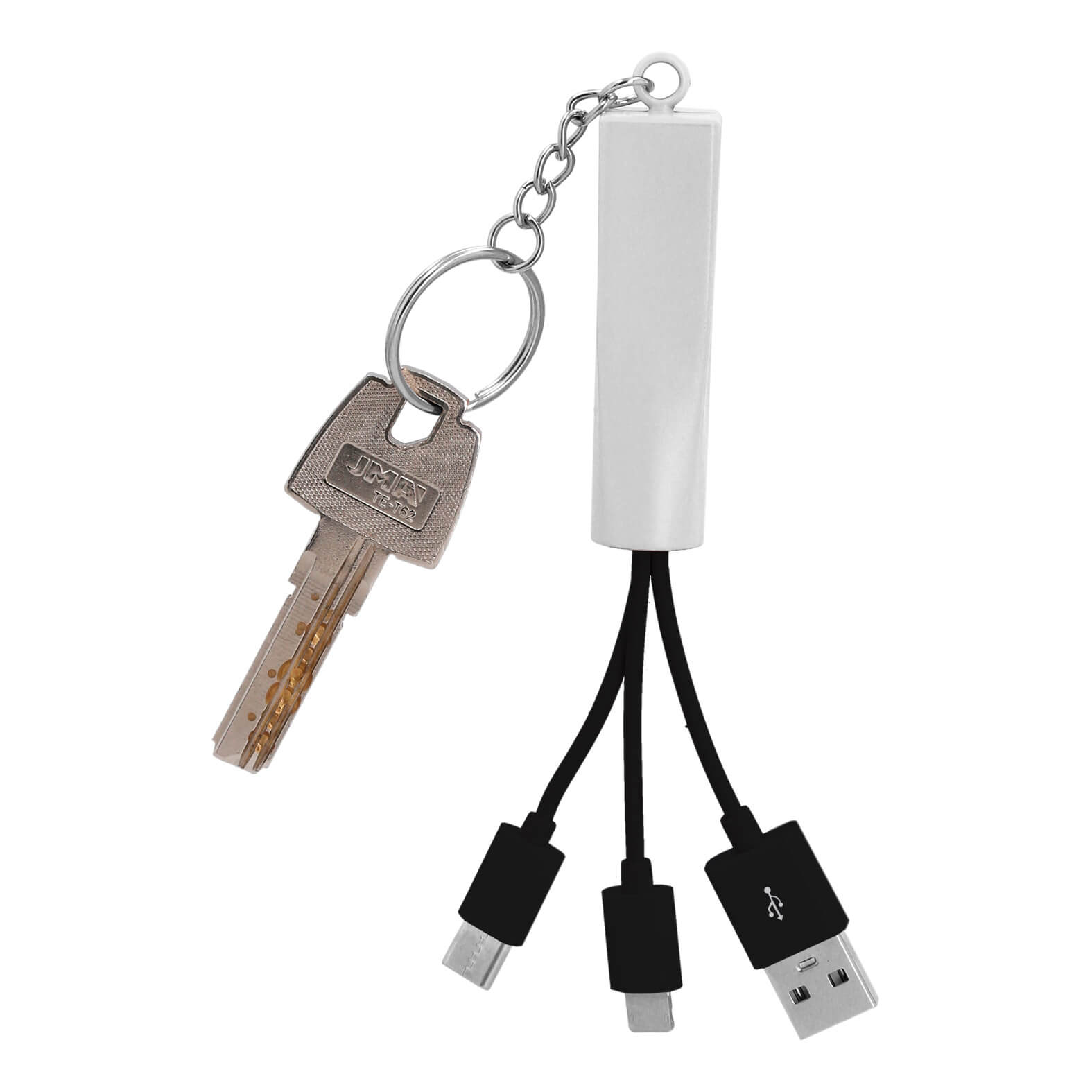 Cable multi USB 3 en 1 con luz y aro para llaves, incluye: 1 cable USB, 1 cable lightning y 1 cable tipo C. PLATA