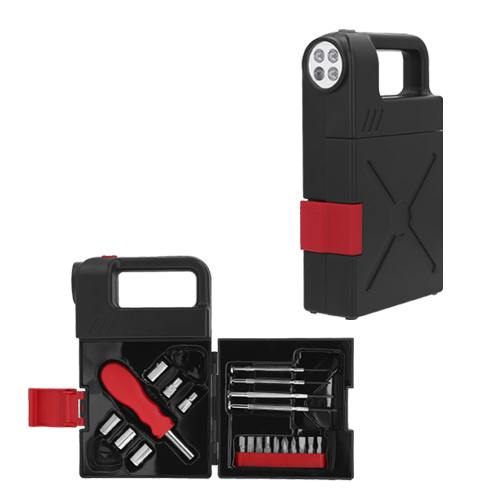 Set de herramientas en estuche de plástico con lampara LED que funciona con 4 baterías AA (no incluidas) y broche de seguridad que contiene: desarmador con 10 puntas intercambiables, 6 dados y 4 desarmadores de precisión. NEGRO