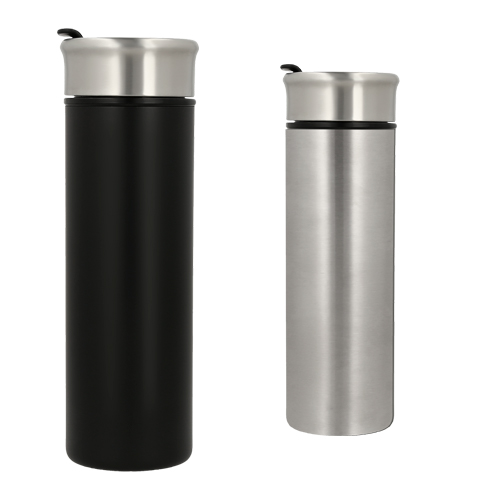 Termo de doble pared con interior de plástico y tapa enroscable a presión. NEGRO