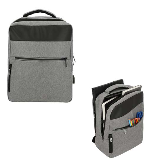 Mochila con cierre de 4 compartimentos con espacio para laptop de 16", tirantes acojinados y entrada lateral para batería portátil y audífonos (incluye cable). GRIS