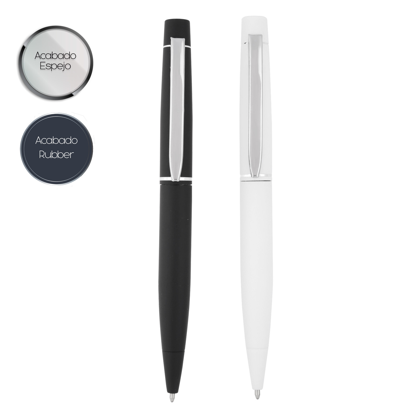 Bolígrafo de aluminio en acabado rubber, con clip metálico y mecanismo retráctil. BLANCO