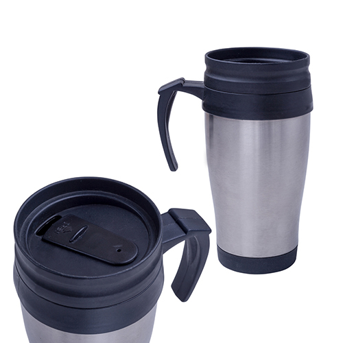 Termo de acero inoxidable con interior de plástico, incluye tapa con rosca que evita derrames y boquilla de seguridad. PLATA