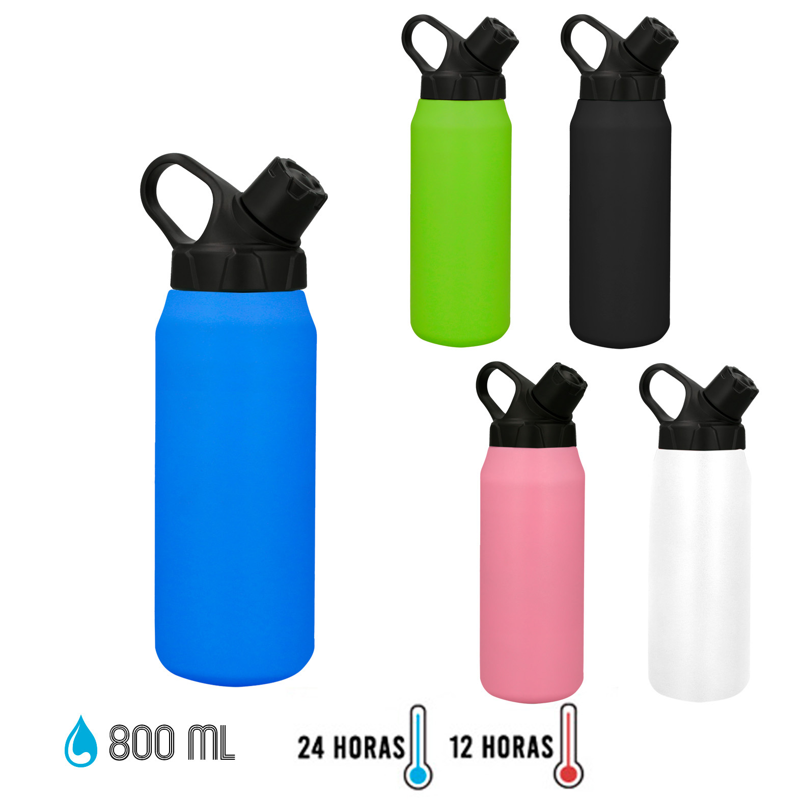 Termo insulado al vacío con doble pared de acero inoxidable y acabado rugoso. Incluye tapa enroscable con boquilla y asa en la parte superior. AZUL