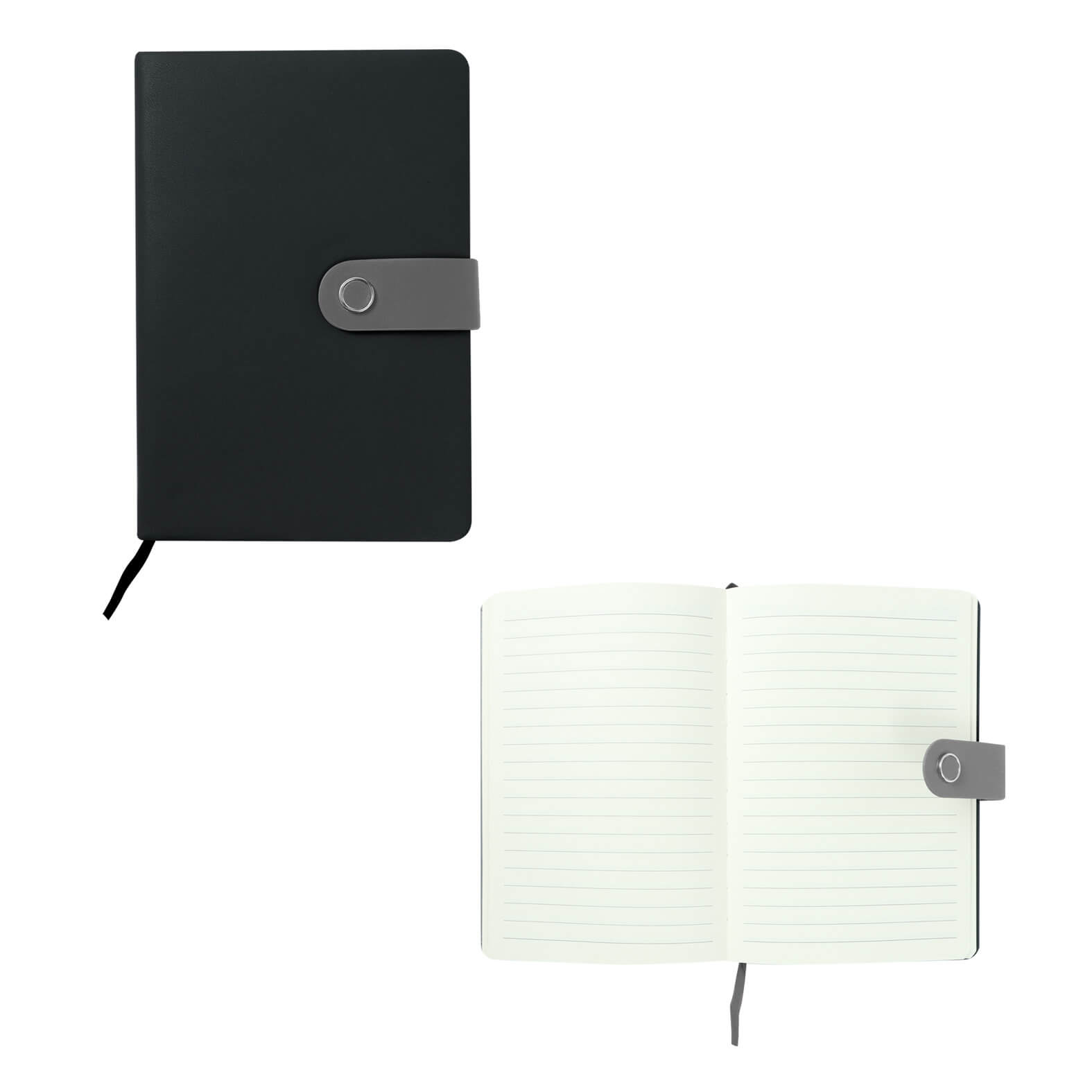 Libreta de poliuretano con 136 hojas de raya, separador y broche magnético. NEGRO