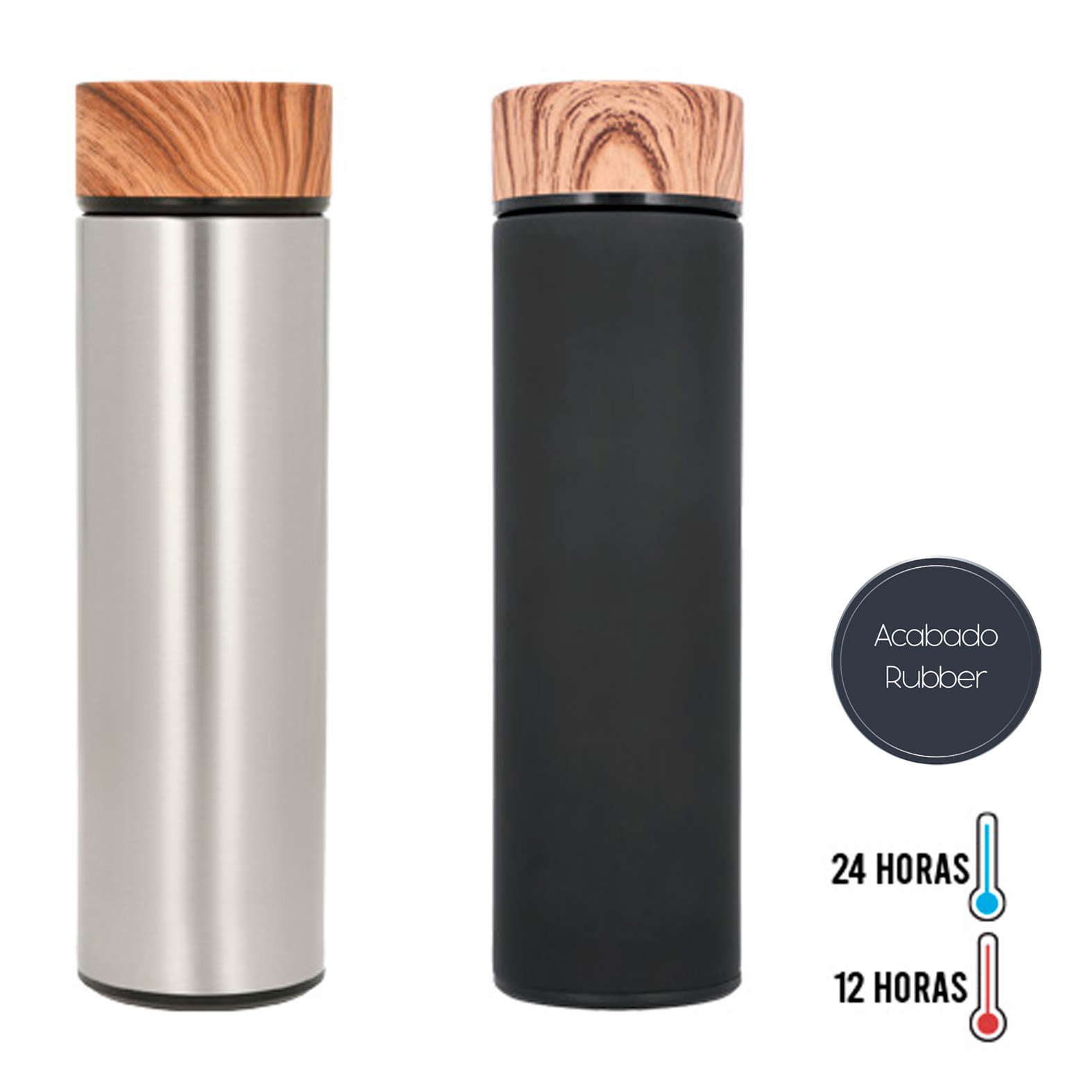 Termo de acero inoxidable con doble pared, acabado rubber, tapa con simulación de madera e infusor. NEGRO