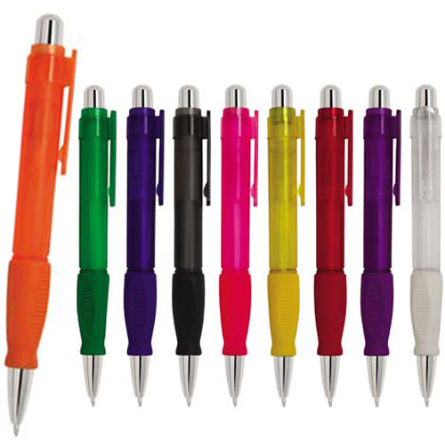 Bolígrafo de plástico traslúcido con grip de goma. AMARILLO