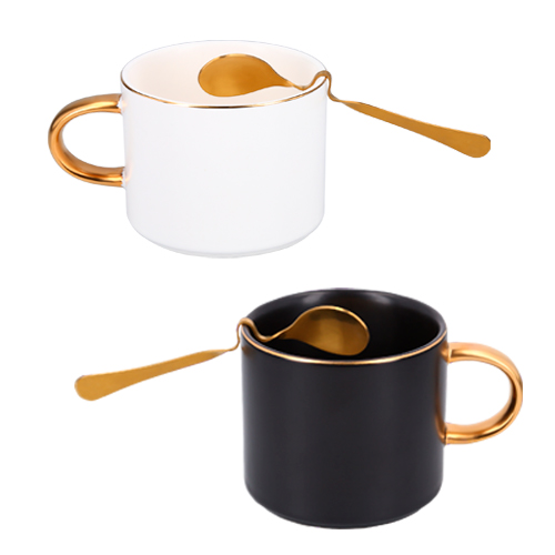 Taza de cerámica con cuchara de acero inoxidable para sujeción en el borde. BLANCO