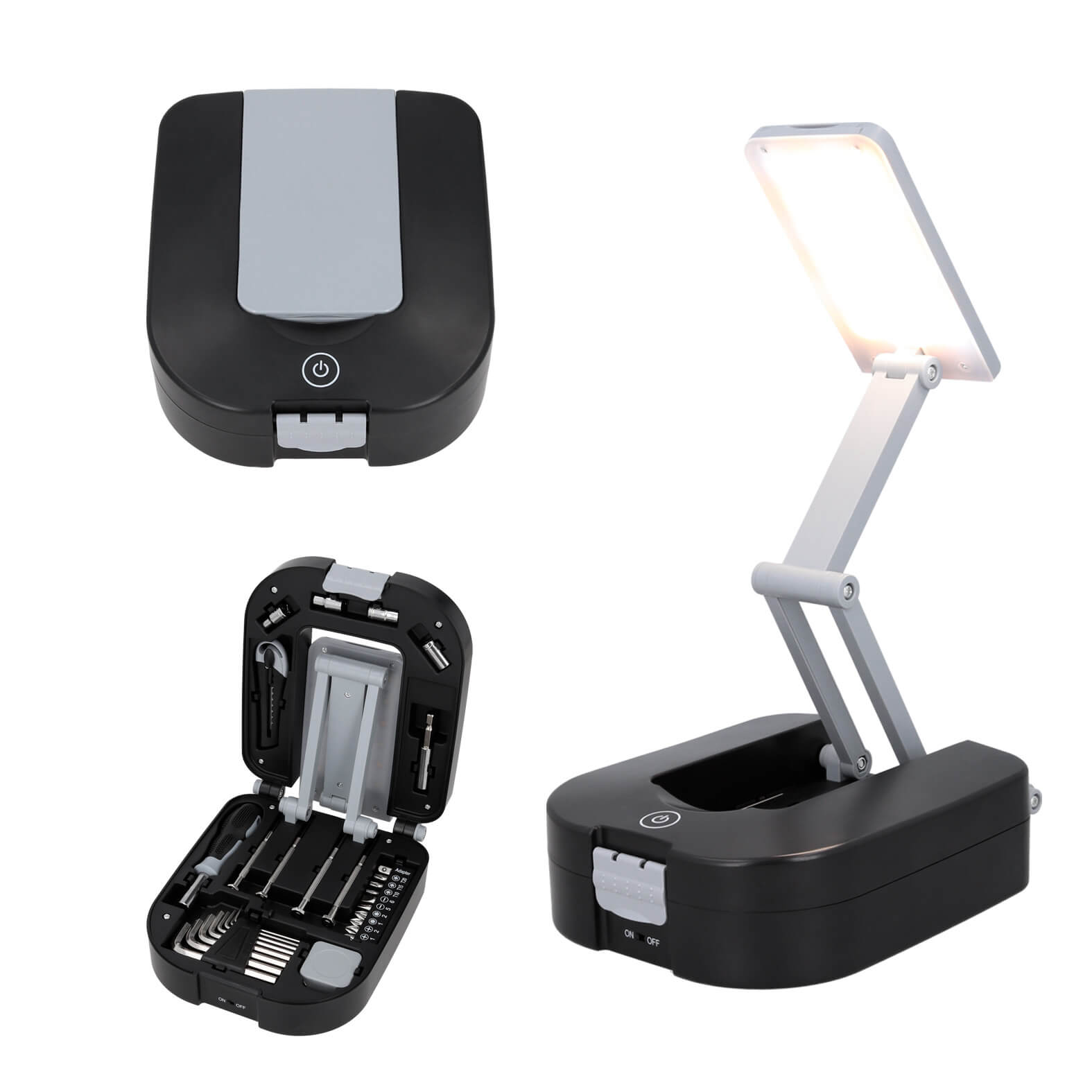 Set de herramientas en estuche de plástico con broche de seguridad, lámpara LED flexible, mecanismo touch y 3 niveles de luz, funciona con 3 baterías AA, contiene; 1 desarmador con 10 puntas intercambiables, 4 dados, 1 juego de llaves allen, 1 flexómetro, 1 cutter y 2 desarmadores de precisión. Incluye baterías. NEGRO