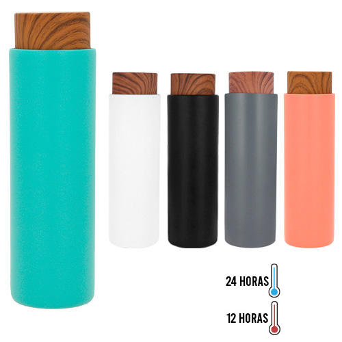 Termo de acero inoxidable de doble pared insulado al vacío con acabado rugoso. Incluye filtro infusor y tapa enroscable. AQUA