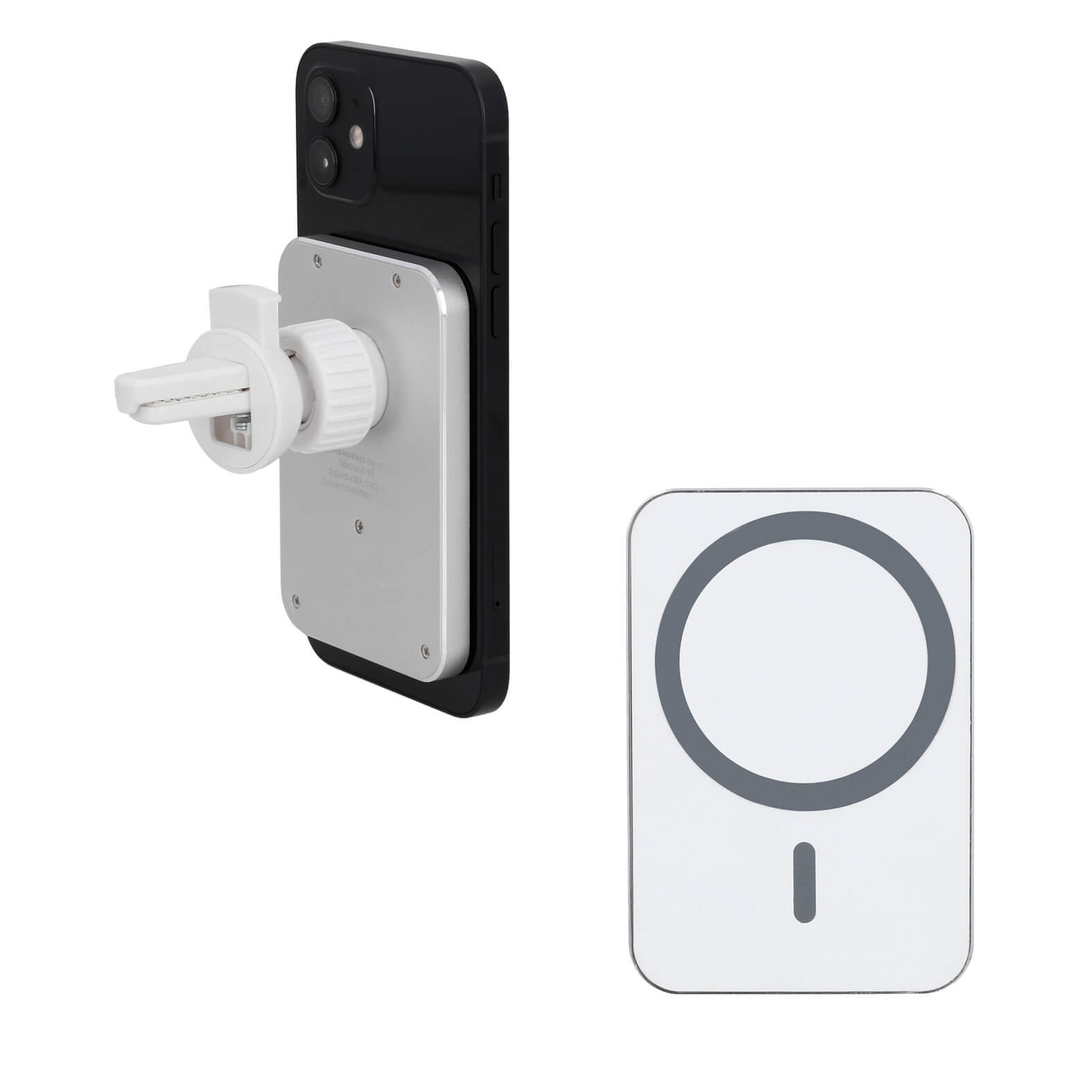 Wireless charger de smartphone para auto con clip ajustable de 360° y aro metálico. Incluye cable tipo C. BLANCO