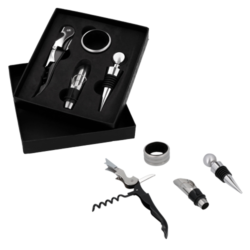 Set de vinos con 4 accesorios: sacacorchos, boquilla, tapón para vino y corta gotas. Incluye estuche. NEGRO