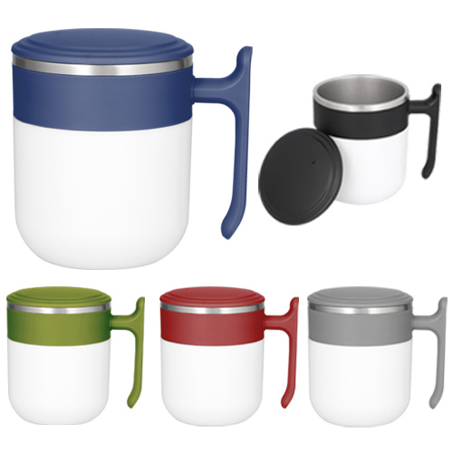 Termo de doble pared con interior de acero inoxidable y exterior de plástico, tapa de cierre a presión y asa de plástico. AZUL