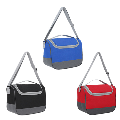 Lonchera con compartimento principal plástificado, asa y correa ajustable. AZUL