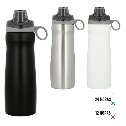 Termo de acero inoxidable con doble pared insulado al vacío, su novedosa tapa cuenta con una agarradera lateral y boquilla con cierre de seguridad. BLANCO