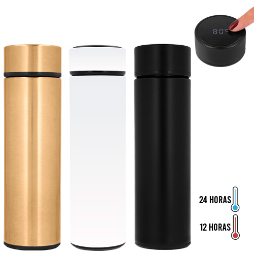 Termo con doble pared de acero inoxidable con termómetro digital que mide la temperatura de tu bebida, colador metálico y tapa enroscable. Incluye batería. BLANCO