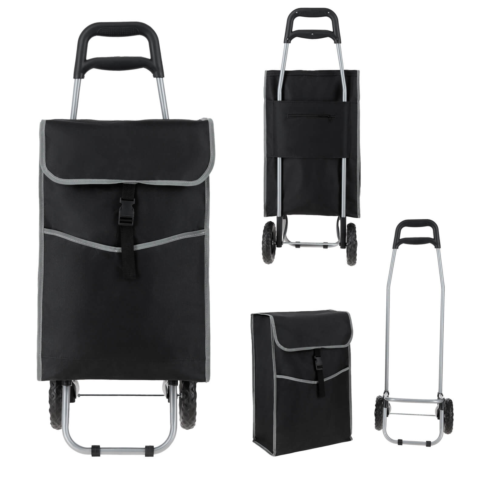 Carrito portátil para supermercado con 2 ruedas, agarradera de plástico y 1 bolsa de poliéster desmontable con 2 compartimentos. NEGRO