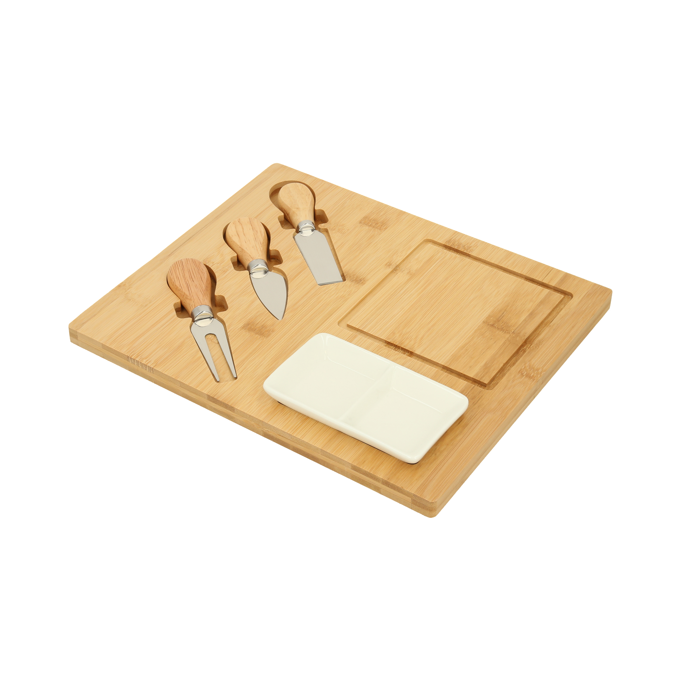 Tabla de quesos que incluye mini plato de cerámica doble, 1 cuchillo de avión estrecho, un cuchillo y un tenedor. BAMBU