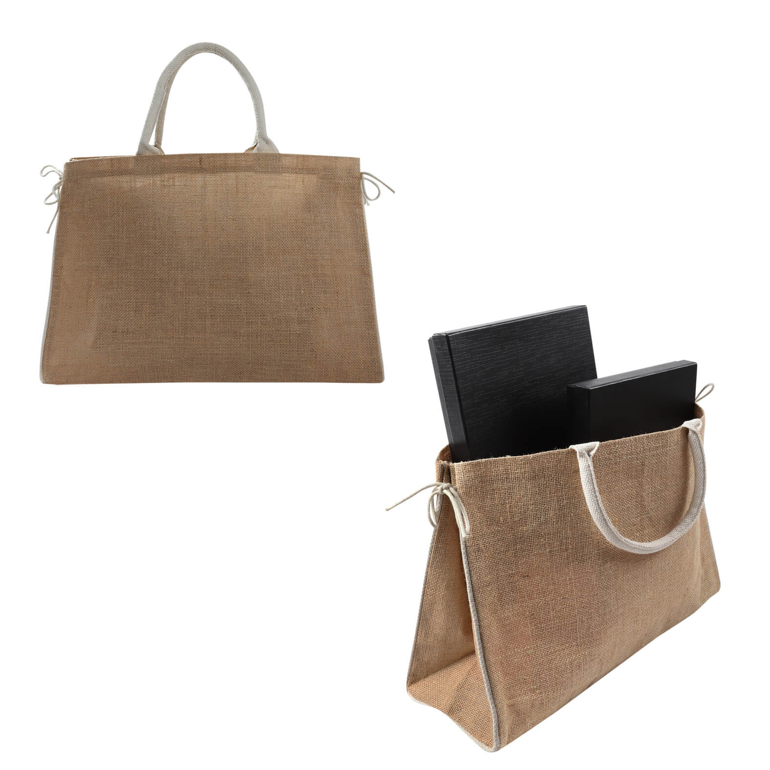 Bolsa de yute laminado de 1 compartimento principal, 1 bolsa interna, cierre de velcro y asas. UNICO