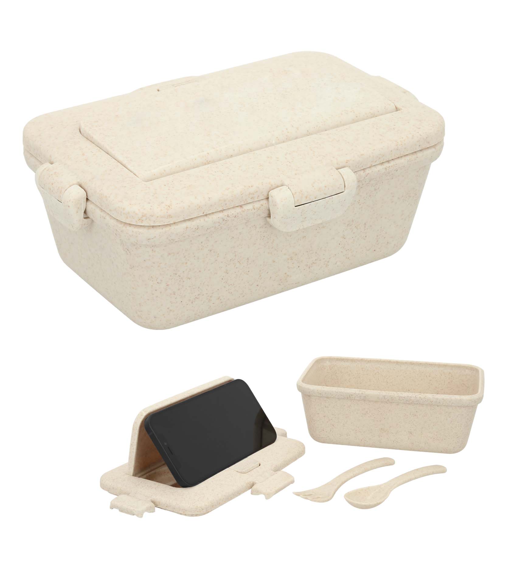 Contenedor para alimento de wheat straw, con clip de seguridad, compartimento superior para cubiertos y soporte para celular. Incluye tenedor y cuchara. NATURAL