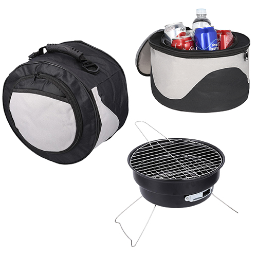 Asador portátil de acero inoxidable. Incluye rejilla cromada y estuche de transporte que se convierte en una práctica hielera. NEGRO