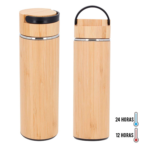 Termo insulado al vacío con acabado de bambú, doble pared de acero inoxidable, rejilla metálica y tapa enroscable con asa de plástico. BAMBU