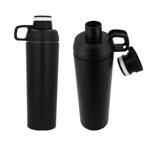 Termo de acero inoxidable con doble pared insulado al vacío, su tapa cuenta con una agarradera lateral y boquilla enroscable de seguridad. NEGRO