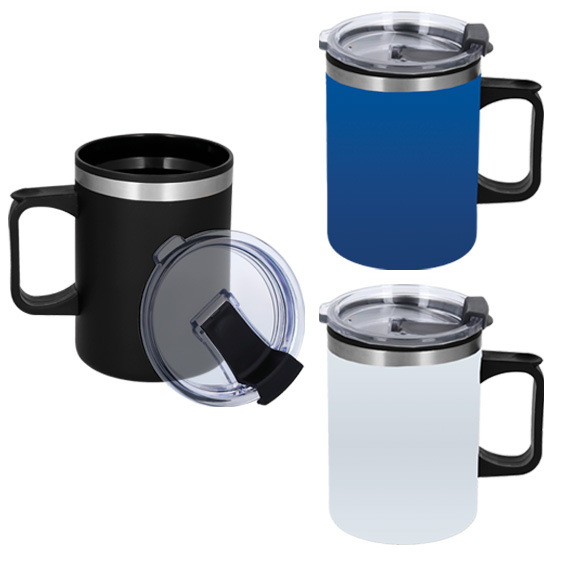 Taza con doble pared de acero inoxidable e interior de plástico. Incluye tapa transparente de cierre a presión con seguro deslizable. AZUL