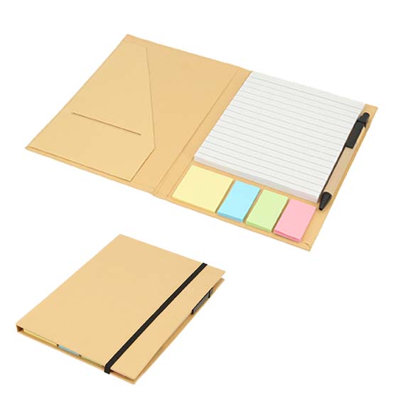 Libreta ecológica de catón con 70 hojas rayadas, bolígrafo, notas adhesivas y ranura porta tarjetas. CARTON