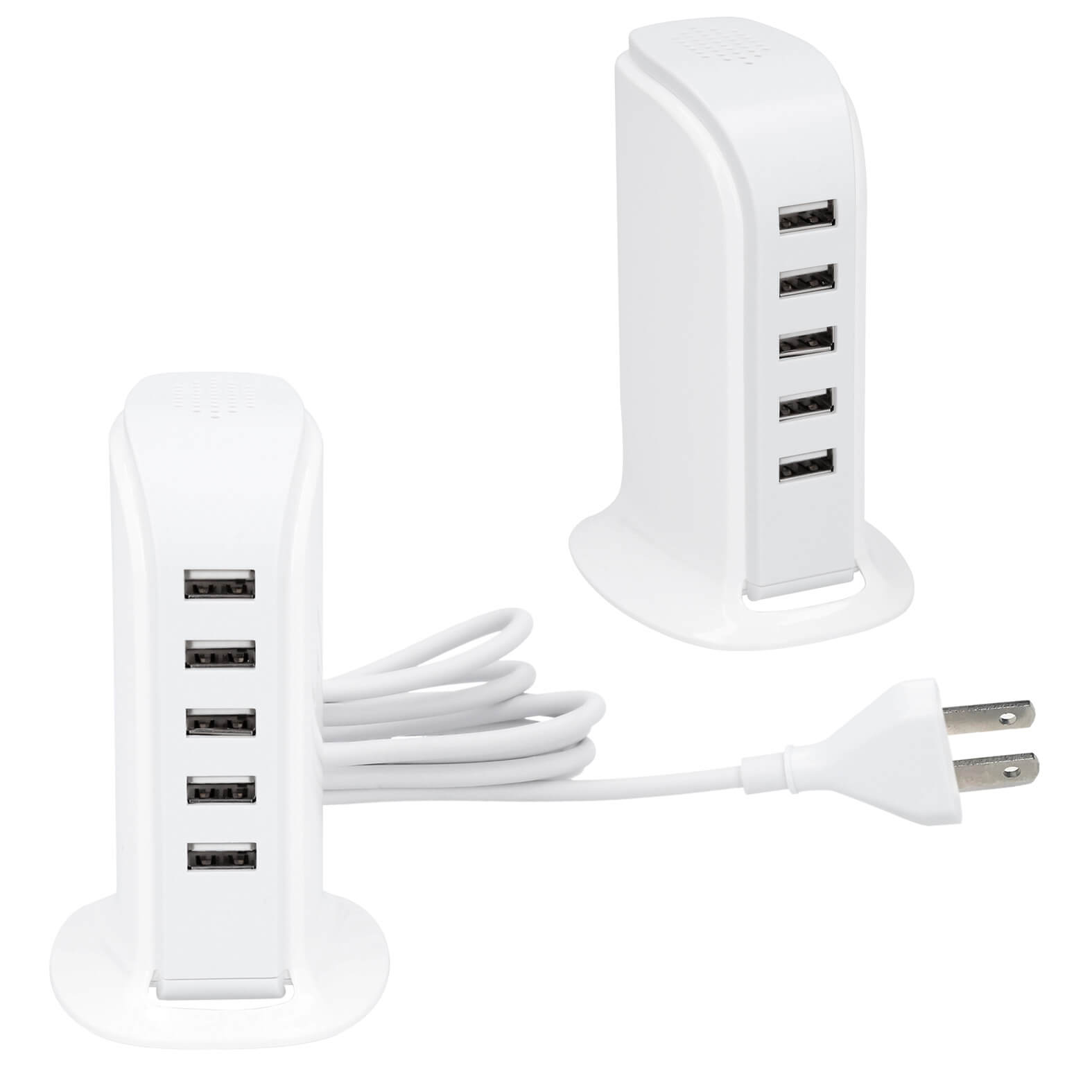 Concentrador de plástico con 5 puertos USB y extensión para contacto universal. BLANCO