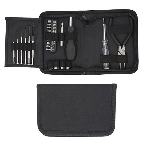 Set de herramientas en estuche de poliéster que contiene 23 piezas: Desarmador plano con probador de corriente, pinzas de punta, 4 dados, 1 desarmador con extensión y adaptador para 9 puntas intercambiables y 6 desarmadores de precisión. NEGRO