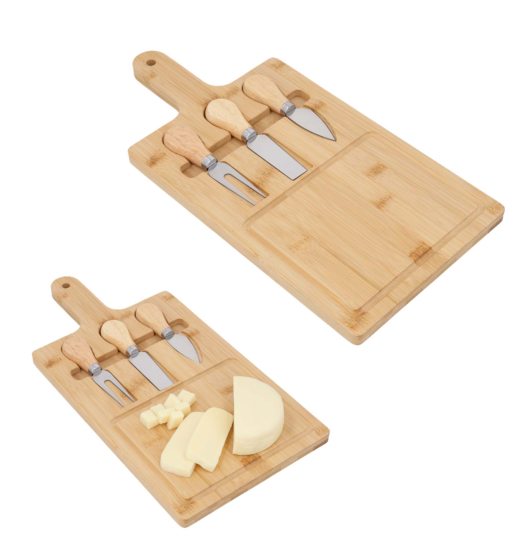Set de tabla para quesos que incluye, 2 cuchillos y 1 tenedor para quesos. BAMBU