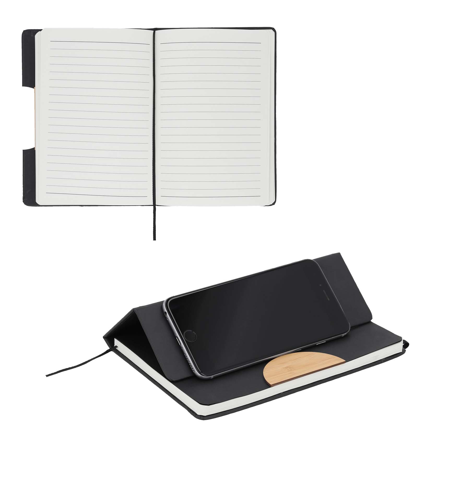 Libreta de poliuretano con hojas de raya y bambú que sirve cómo soporte para celular. NEGRO