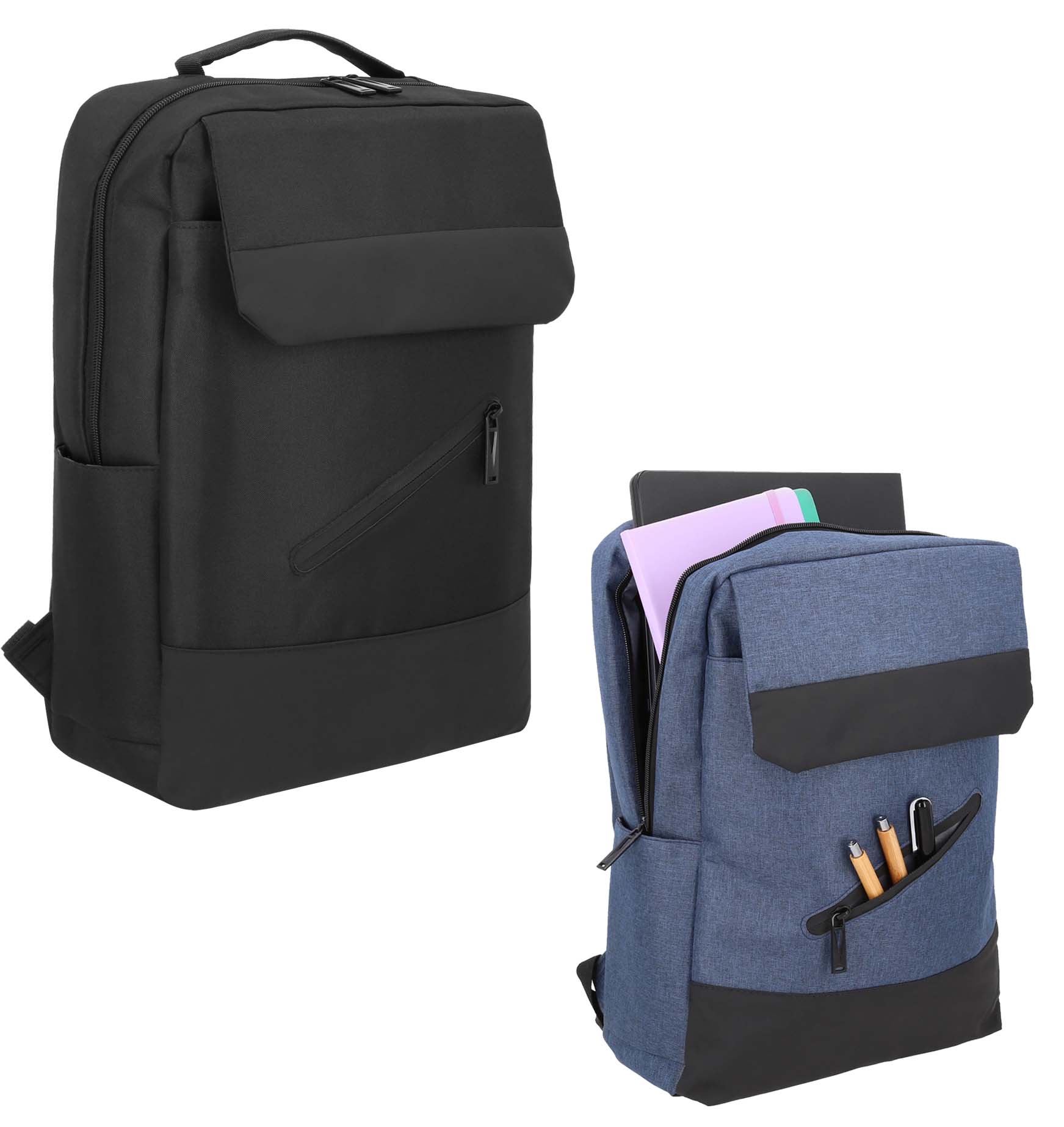 Mochila de 3 compartimentos, compartimento principal con porta laptop de 16", organizador interno, 1 compartimento lateral y asa. AZUL