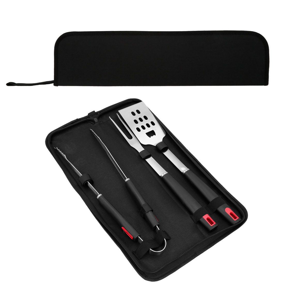 Estuche portátil con utensilios para BBQ. Incluye 3 utensilios: pinzas para carne, tenedor y volteador. NEGRO