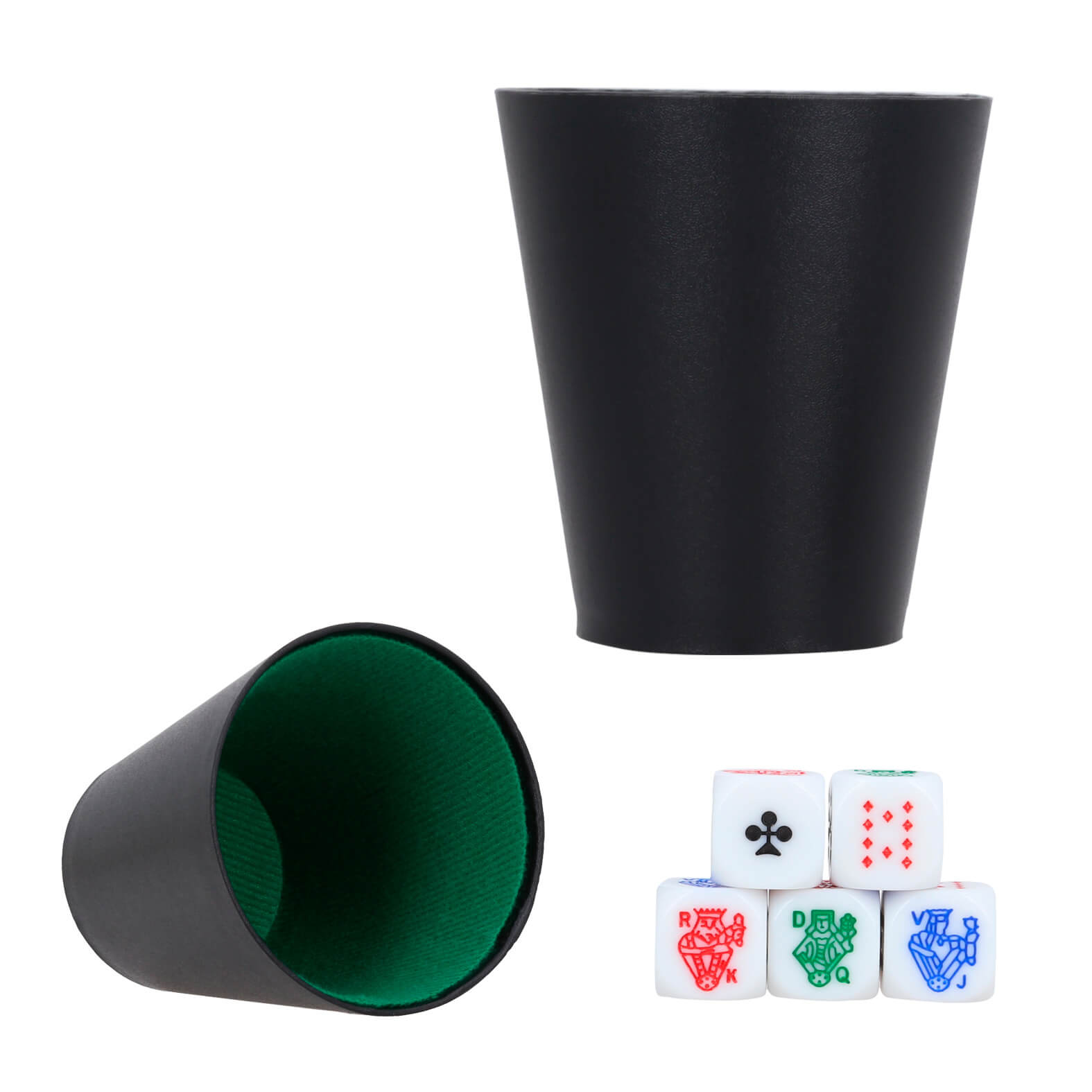 Juego de cubilete con interior forrado y 5 dados de poker. NEGRO