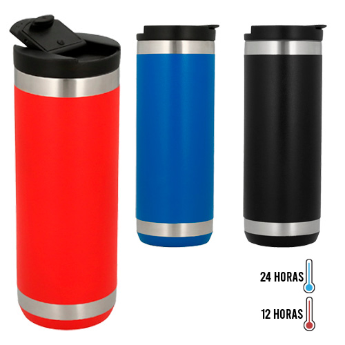 Termo de acero inoxidable de doble pared insulado al vacío con acabado rugoso tapa enroscable con cierre de seguridad. AZUL