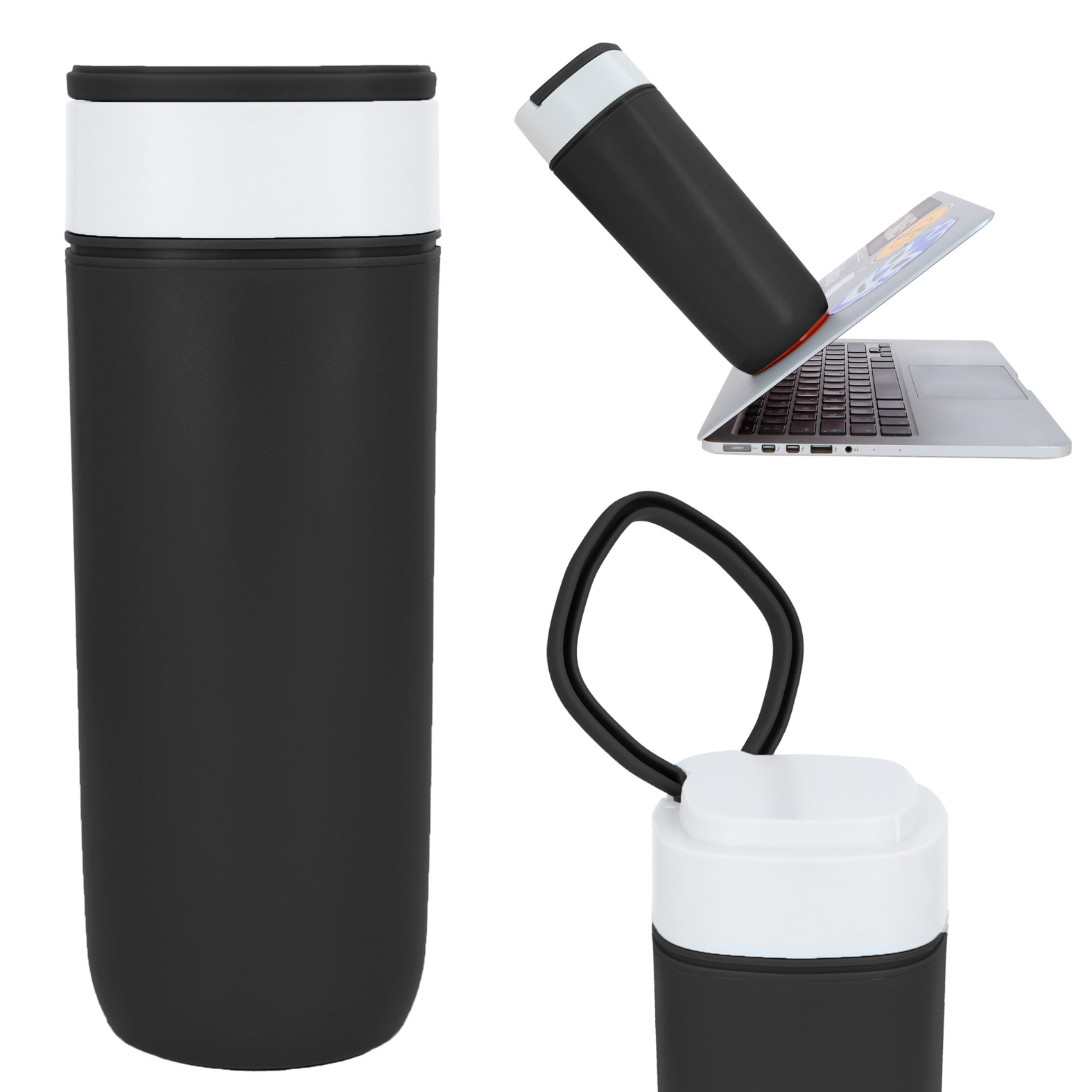 Termo de doble pared con exterior de plástico e interior de acero inoxidable. Incluye tapa enroscable con asa. NEGRO