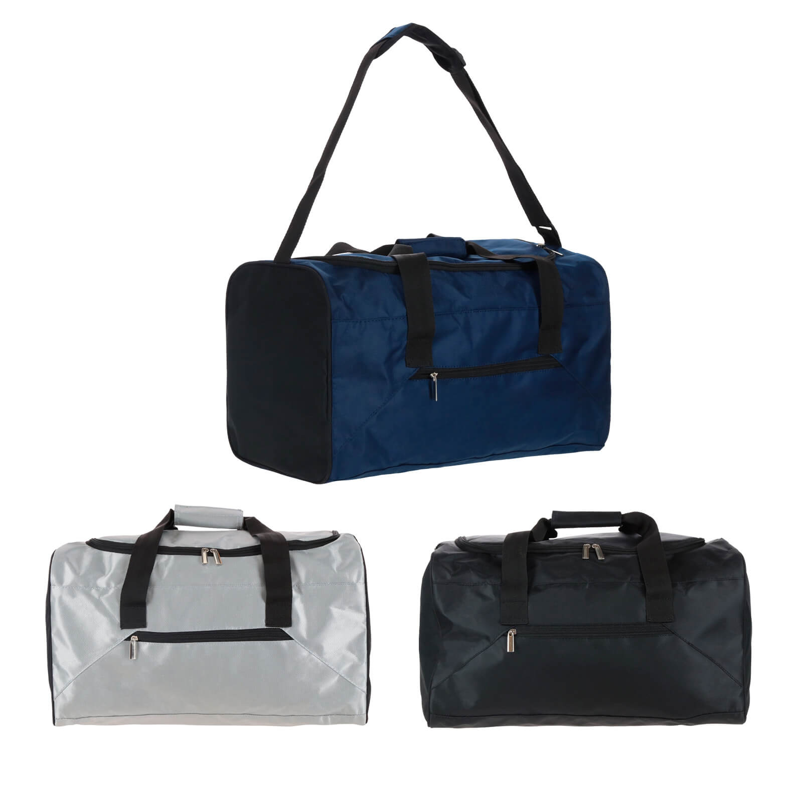 Maleta deportiva con un compartimento principal reforzado, asas sujetadoras con velcro, correa ajustable, un compartimento frontal y fuelle. AZUL