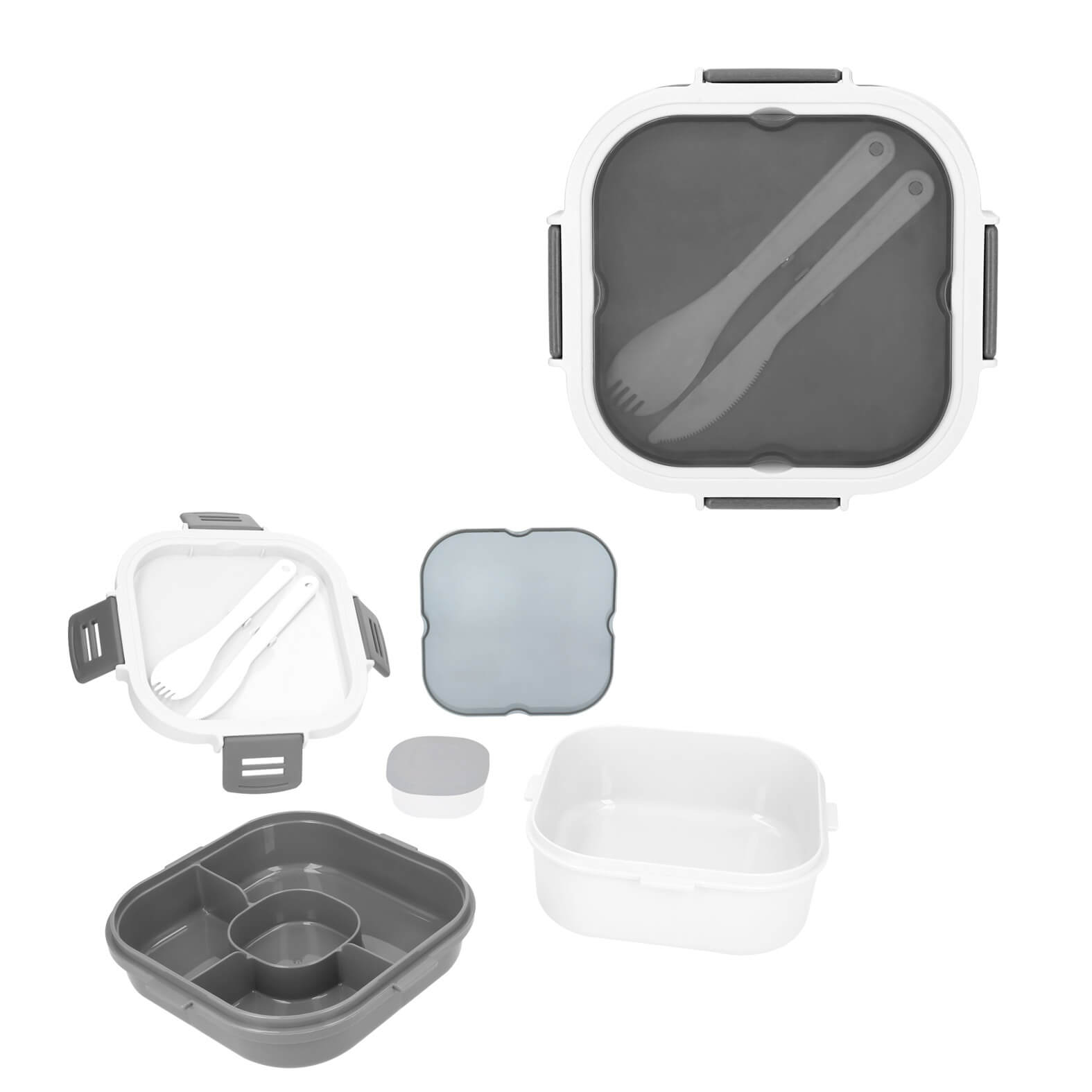 Contenedor de alimentos de plástico con 2 niveles, 1 parte superior con 3 compartimentos y 1 mini recipiente, 1 parte inferior onda, cierre hermetico con 4 broches de seguridad y compartimento para cubiertos. BLANCO
