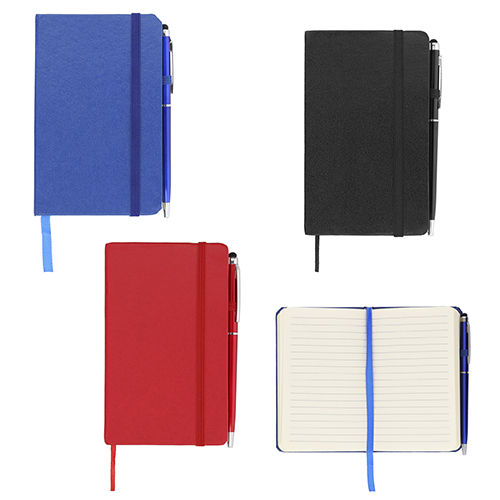 Mini libreta de poliuretano con banda elástica para sujetar cubierta, separador y 75 hojas rayadas. Incluye bolígrafo con goma touchscreen. AZUL