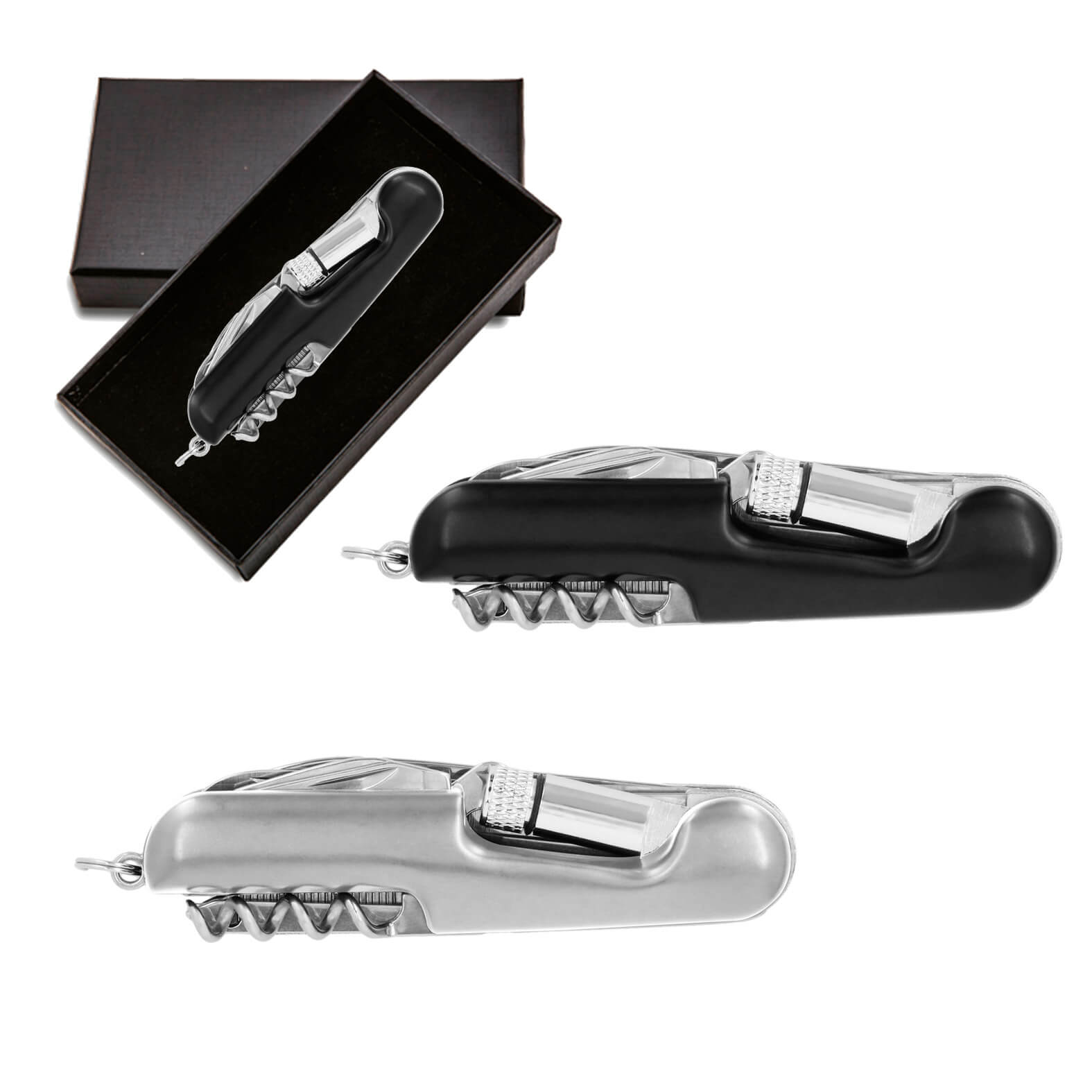 Navaja metálica multiusos con 12 funciones que contiene: lámpara de 1 LED con 3 baterías incluidas, tijeras, destapador de punta y plana, 2 navajas, sierra, desarmador de cruz, lima, enhebrador de agujas y un sacacorcho, cuenta con arillo para usar como llavero. Incluye estuche. NEGRO