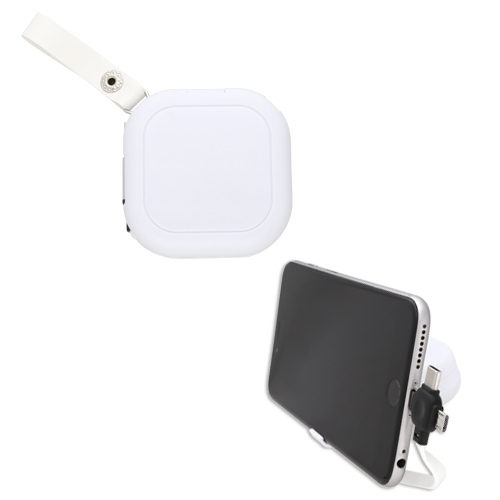 Cargador multifuncional con correa de curpiel y soporte para celular. Incluye entrada tipo usb, conector de salida lightning , tipo C y micro USB. BLANCO