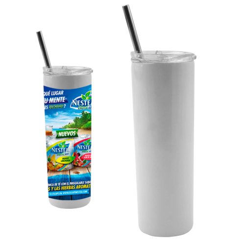 Termo sublimable con doble pared de acero inoxidable, acabado glitter, tapa de plástico a presión con boquilla deslizable y popote metálico. BLANCO