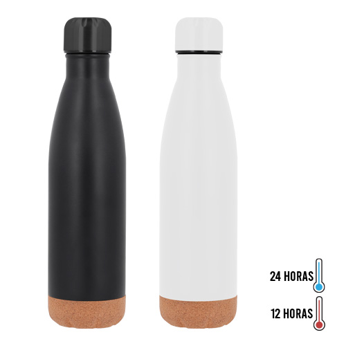 Termo insulado al vacío con doble pared de acero inoxidable, base de corcho y tapa enroscable. BLANCO
