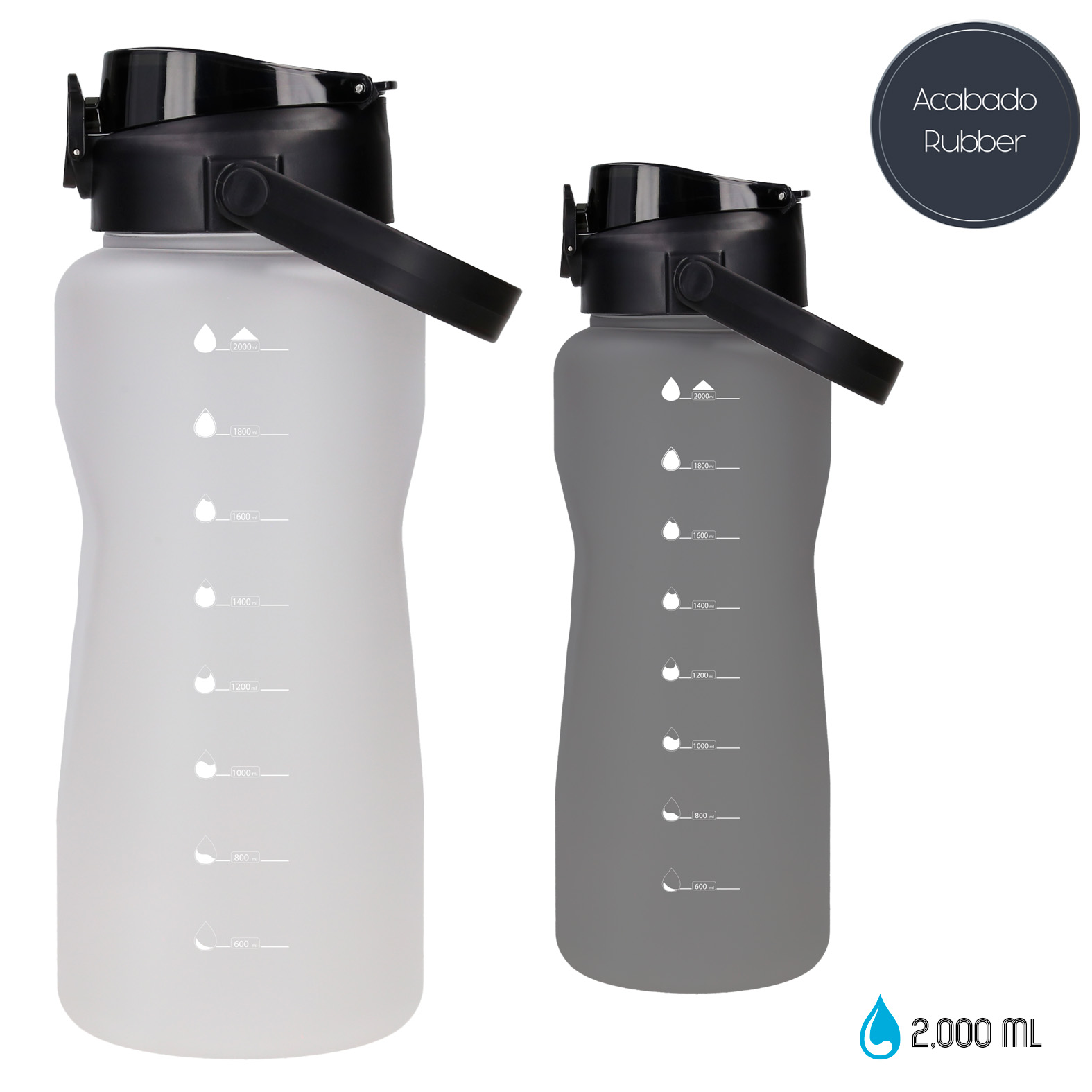 Cilindro de plástico con acabado rubber, cuenta con tapa de doble funcionalidad, boquilla normal, boquilla con popote y asa. NEGRO