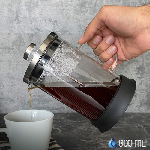 Prensa francesa con asa de vidrio, base plástica y tapa de acero inoxidable. NEGRO