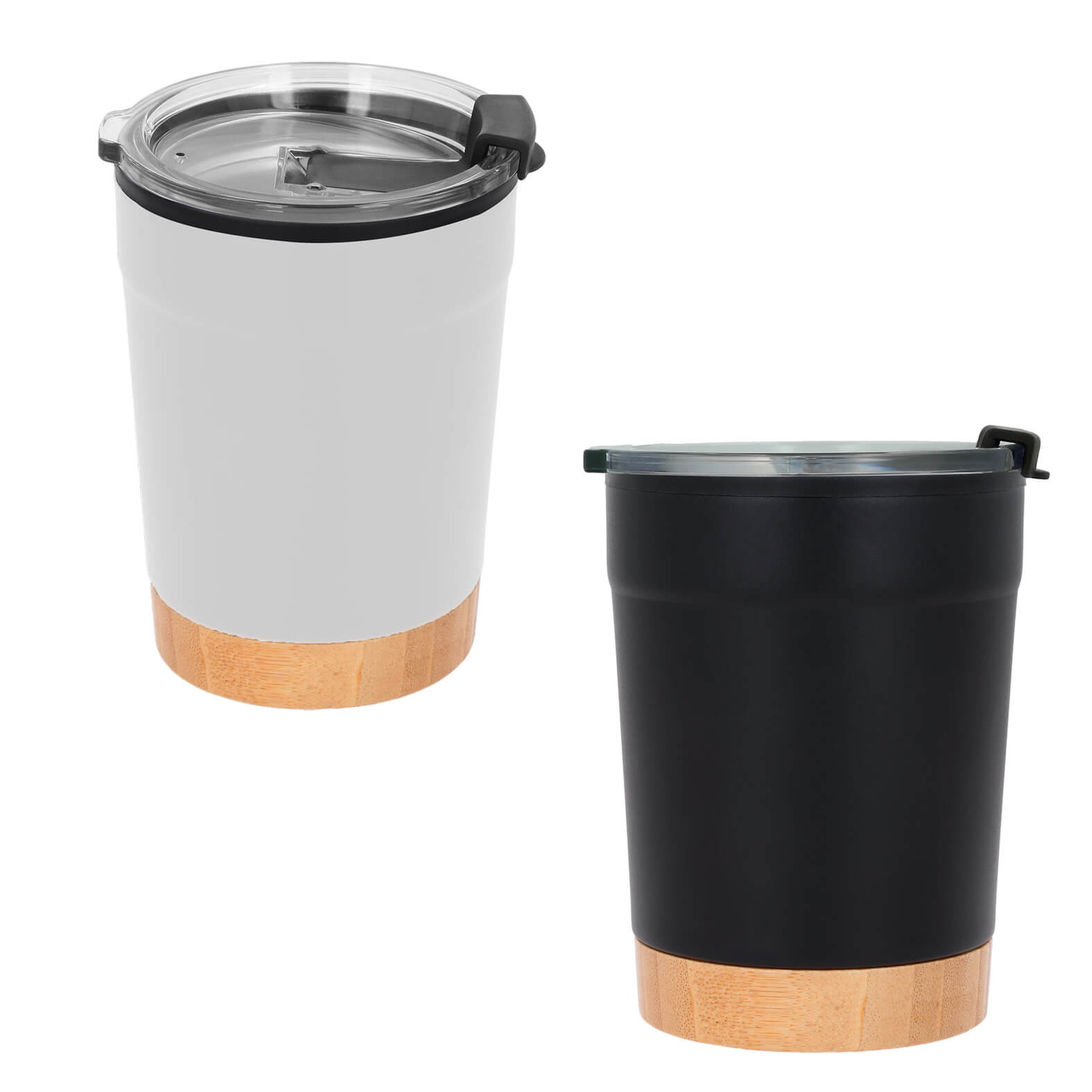 Termo de doble pared con acabado rugoso, exterior de acero inoxidable e interior de plástico y base de bambú. Incluye tapa de cierre a presión. BLANCO