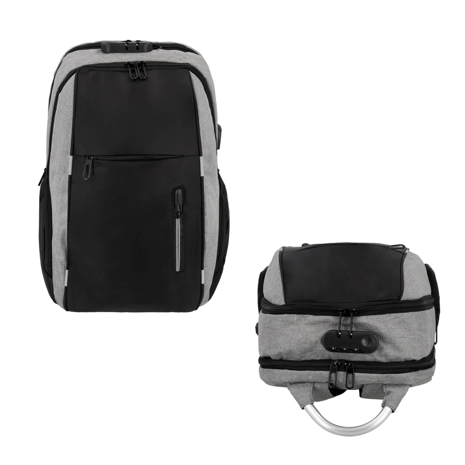 Mochila de seguridad con 2 compartimentos, porta laptop de 18", 2 compartimentos laterales, 2 compartimentos frontales, asa de aluminio, candado de seguridad y puerto de carga USB. GRIS